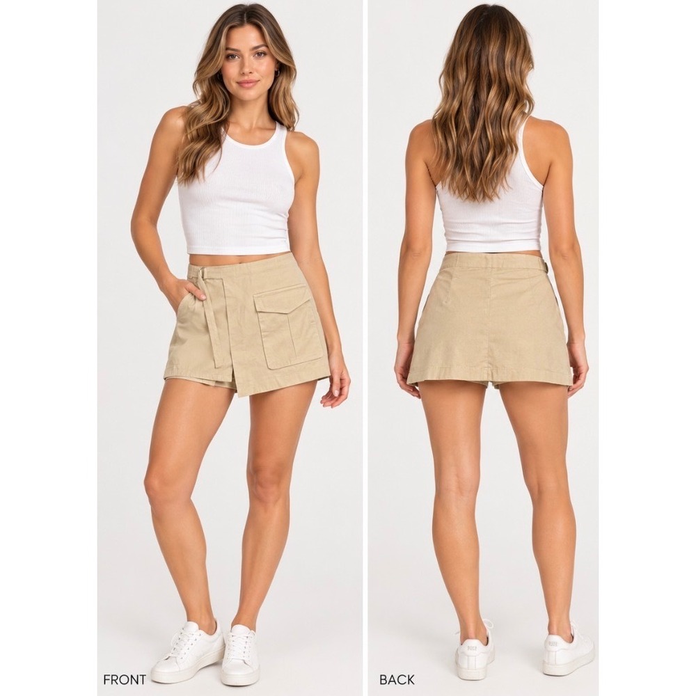 Zara Wrap Cargo Skort Womens XS Beige Sand 100% Cotton Utility Mini Skirt Shorts